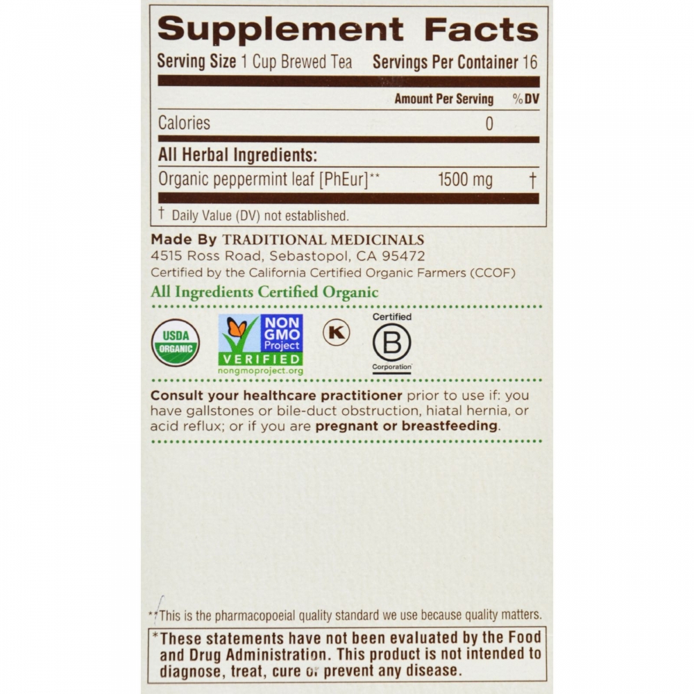 Traditional Medicinals Organic Peppermint Herbal Tea - Caffeine Free - 6개 묶음상품 - 16 Bags