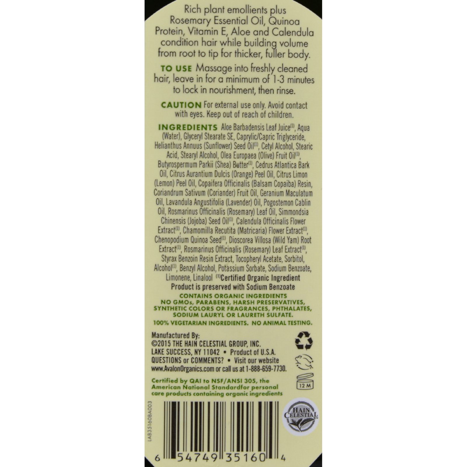 Avalon Organics Volumizing Conditioner with Wheat Protein and Babassu Oil Rosemary - 11 fl oz